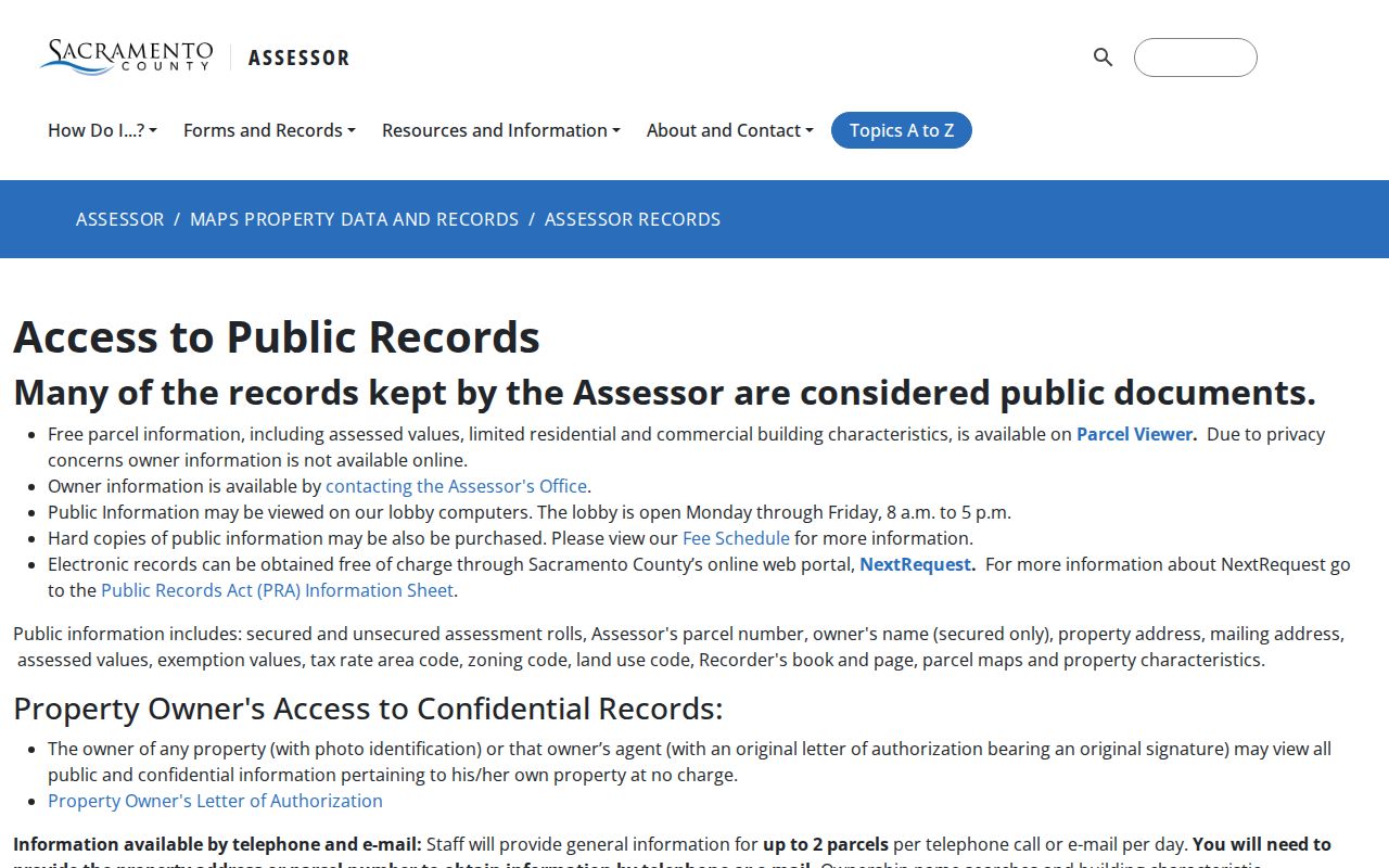 Sacramento County people search assessor owner information limits