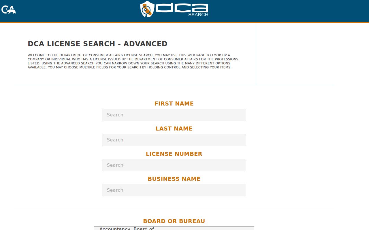 Sacramento County people directories DCA advanced license search