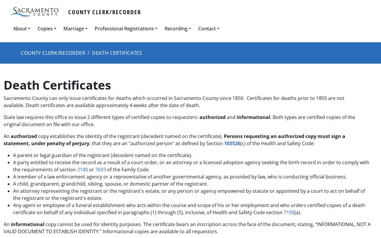 Sacramento County public records death certificate order page