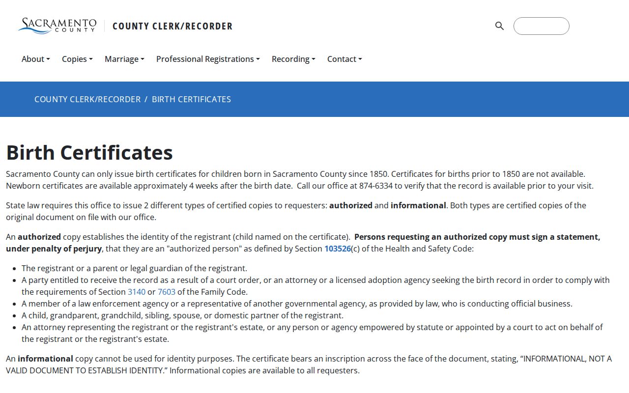 Sacramento County public records birth certificate request page