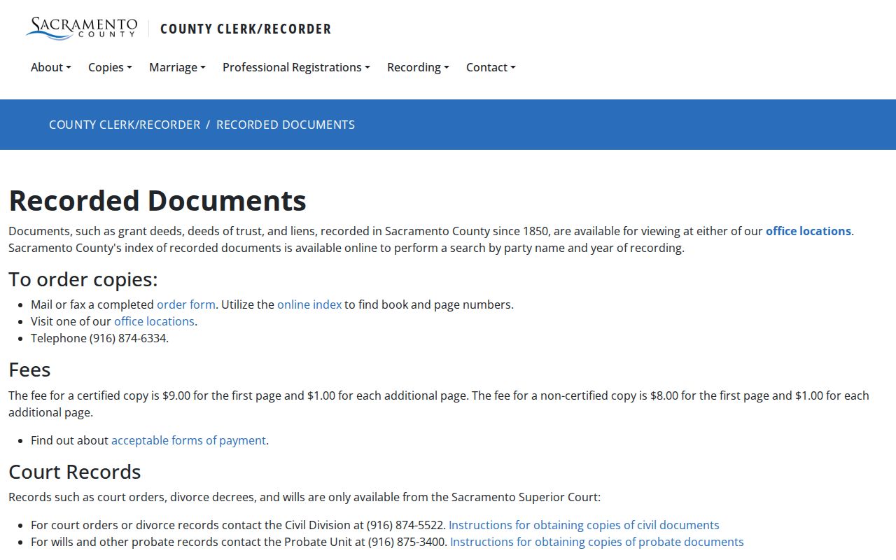 Sacramento County public records copy request methods and fees