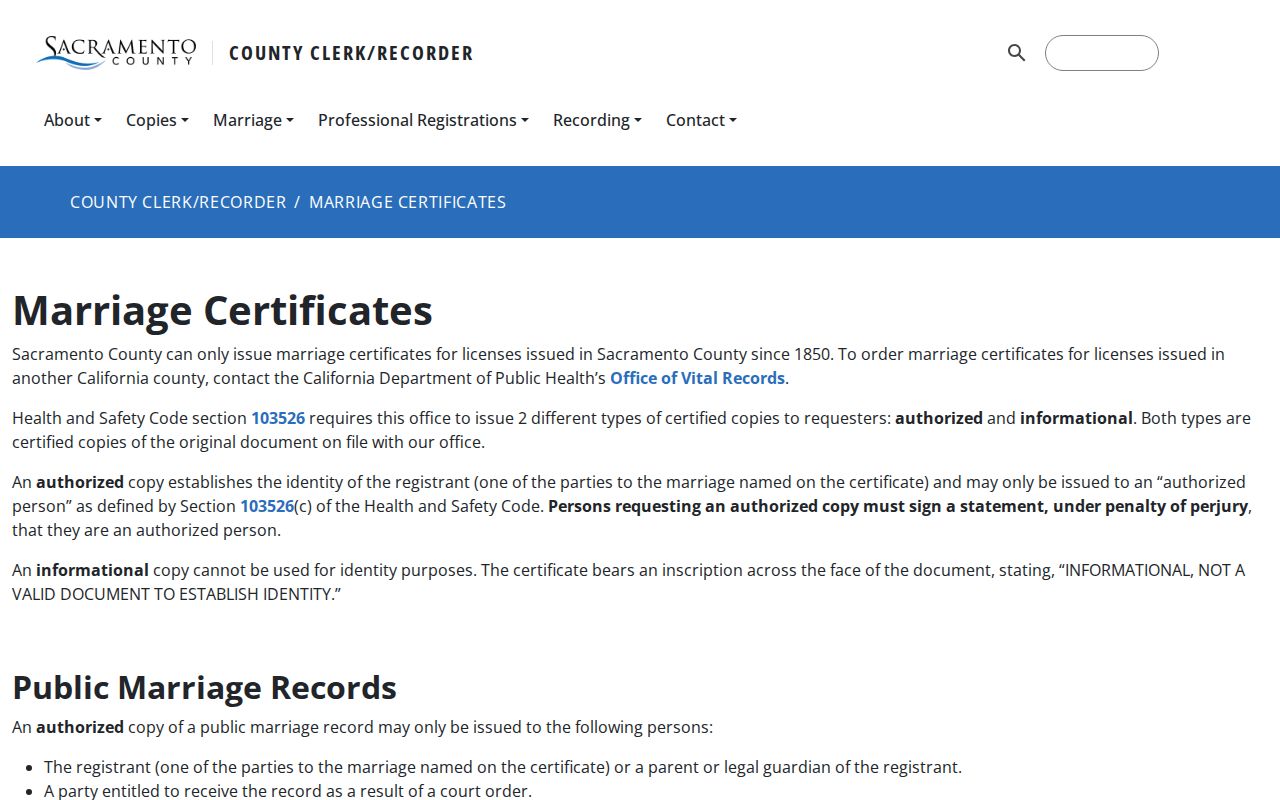 Sacramento County public records marriage certificate request page