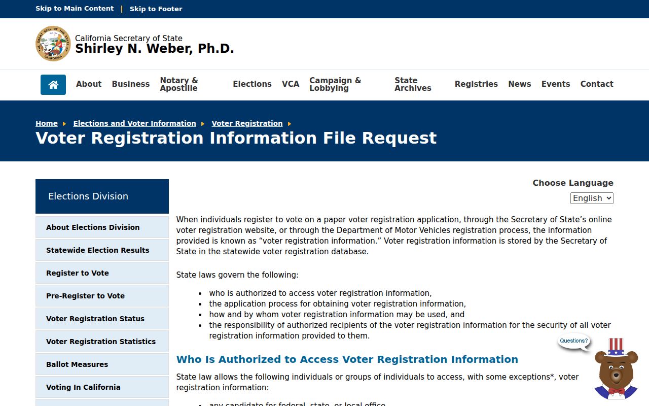 Sacramento County voter registration information file request rules